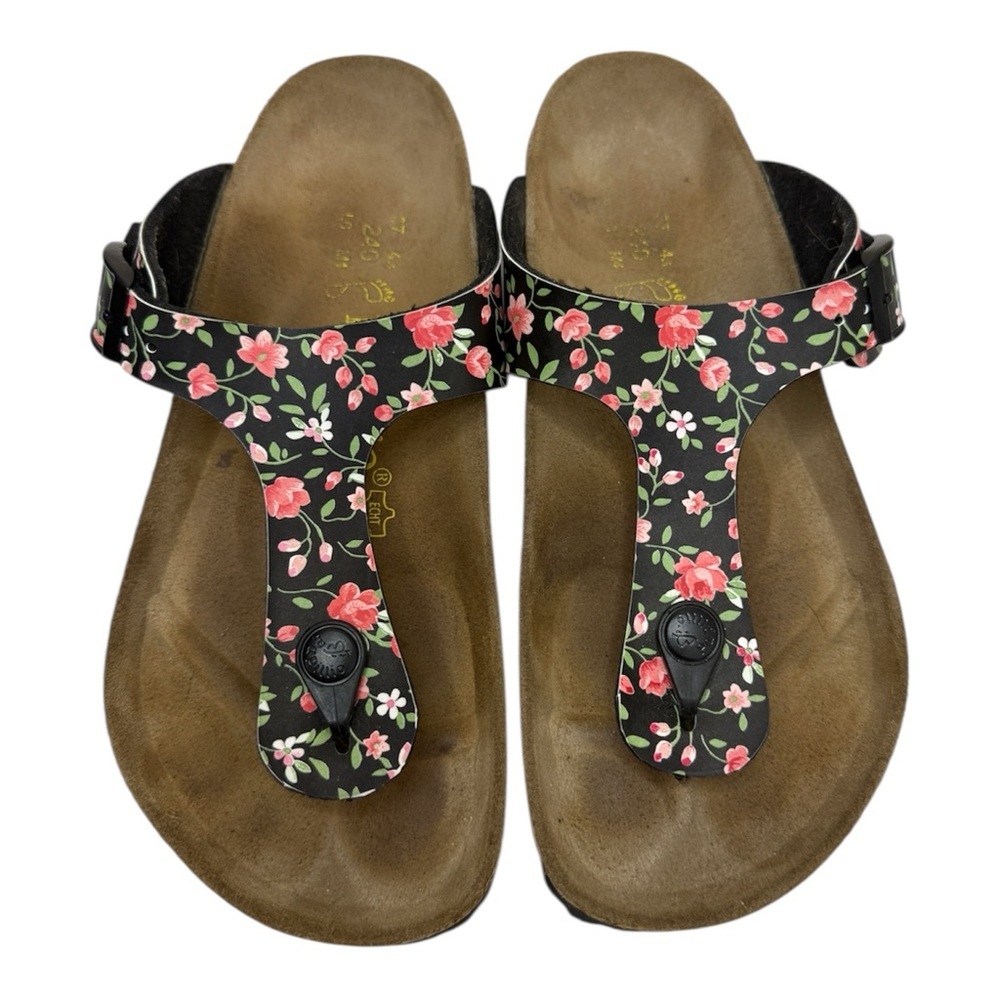 Birkenstock Papillio Black and Pink Floral Sandals with Cork Footbed Sz 6-6.5